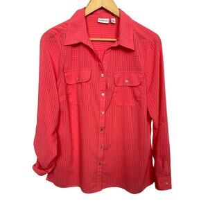Kim Rogers Women's Size Medium Coral Long Sleeve Button Down Sheer Top